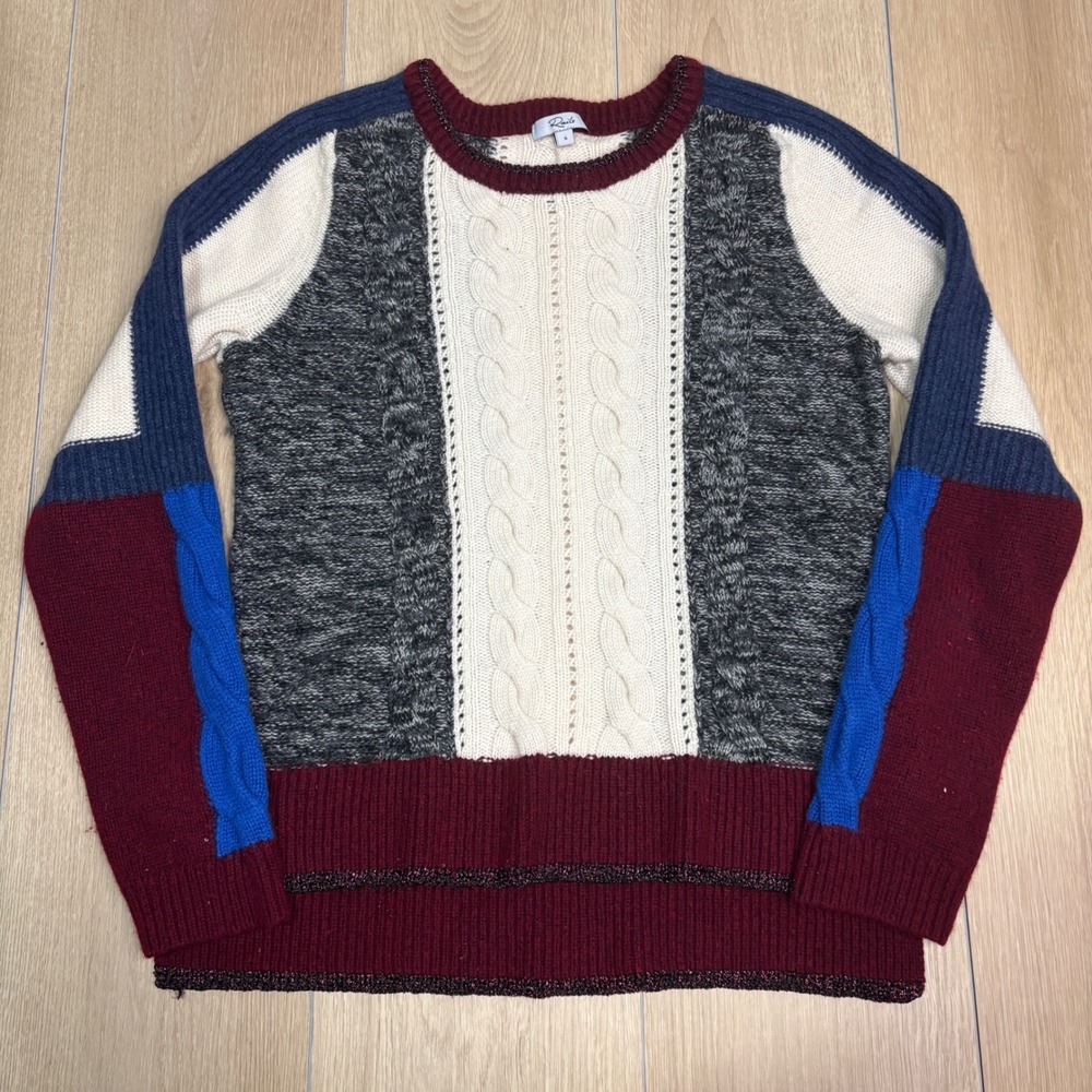Rails Phoebe Interloken Wool Cashmere Cable Knit Colorblock Sweater‎ Small Gray